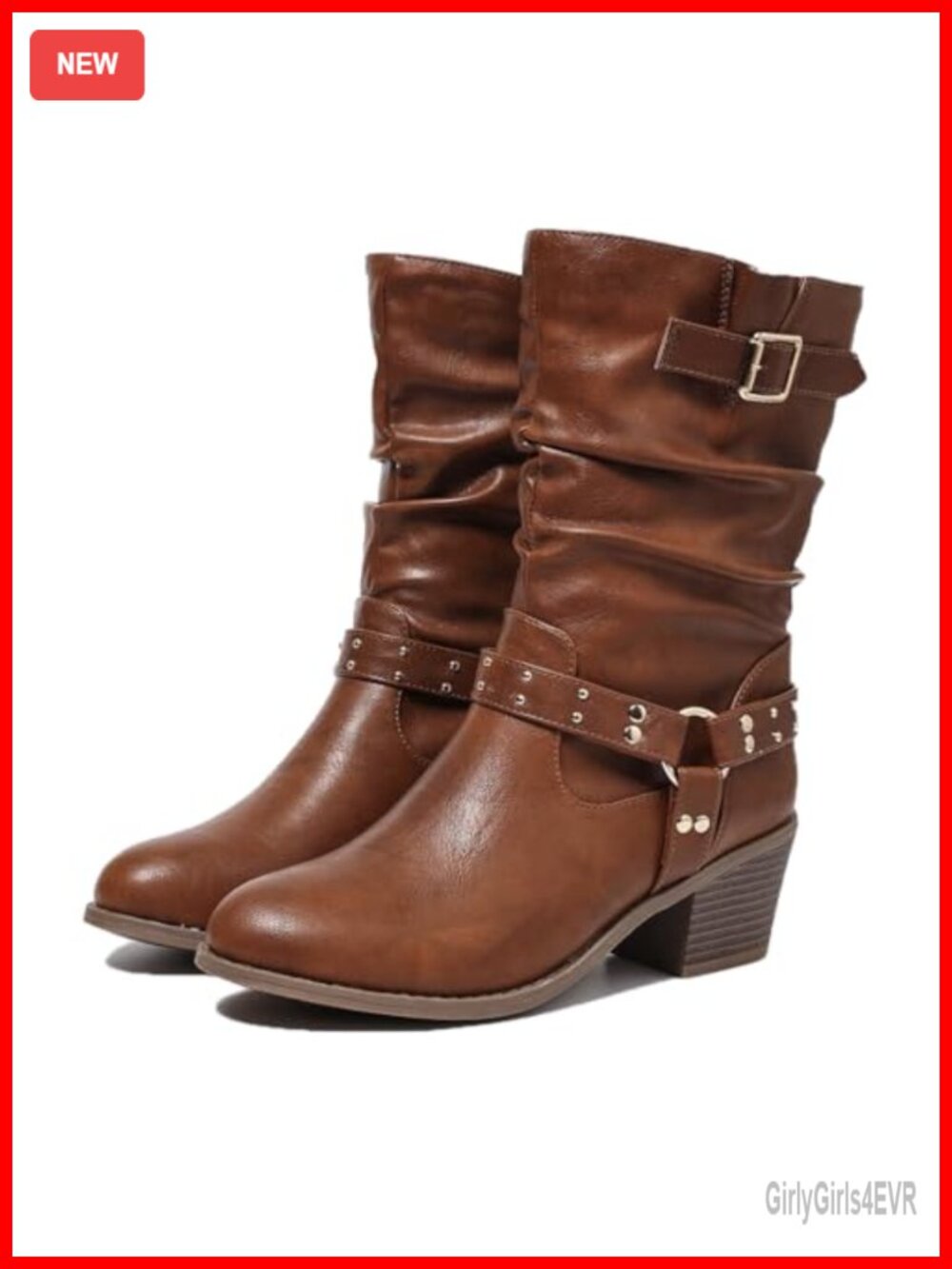 Faux Leather Mid Calf Slouch Moto Boots Studded Block Heel Round Toe